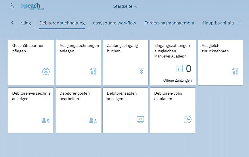 Figure 1: The Fiori ® launchpad grants Peach Property employees a quick, central access point for their IT platform. Das Fiori Launchpad als zentraler Einstiegspunkt für die Erledigung der täglichen Aufgaben im Immobilienmanagement der Peach Property