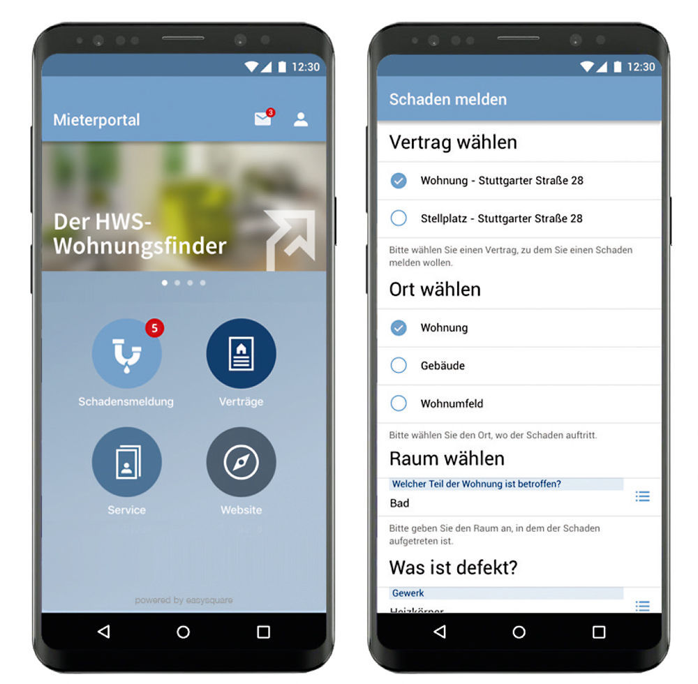 Figures 2+3: Effortless communication with the HWS tenant app for Android, iOS and as a web app powered by easysquare (left). Example showing the structure of a digital form in the HWS tenant app – here using a defect report as an example (right). Die Mieter-App der Hilfswerk-Siedlung Berlin powered by easysquare