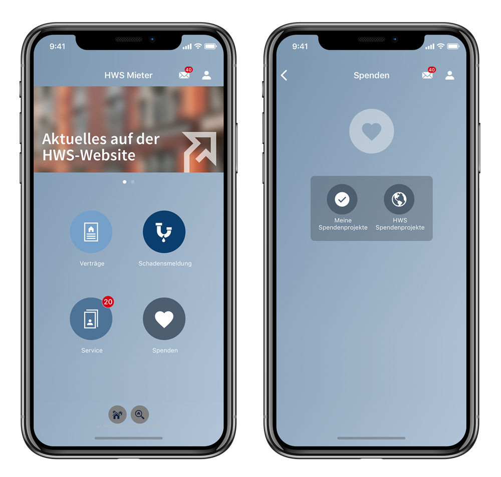 In addition to the “classic” services of a tenant app, HWS has integrated the convenient donation function. Spendenfunktion in der Mieter-App der Hilfswerk-Siedlung GmbH (HWS) powered by easysquare