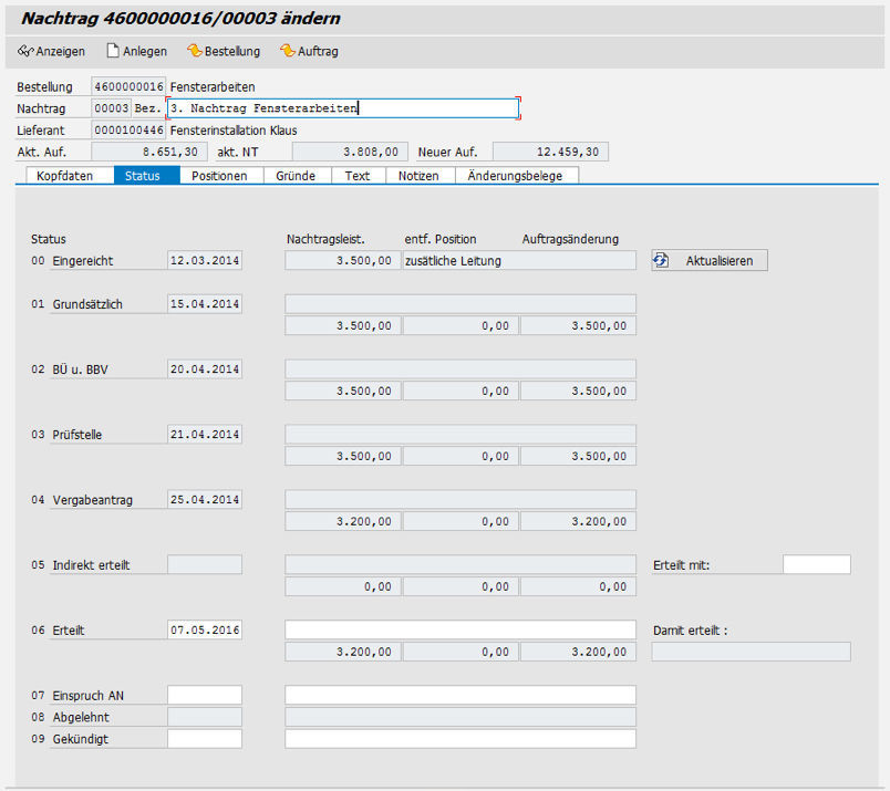 Statusübersicht zu den erfassten Nachträgen in der Nachtragsverwaltung