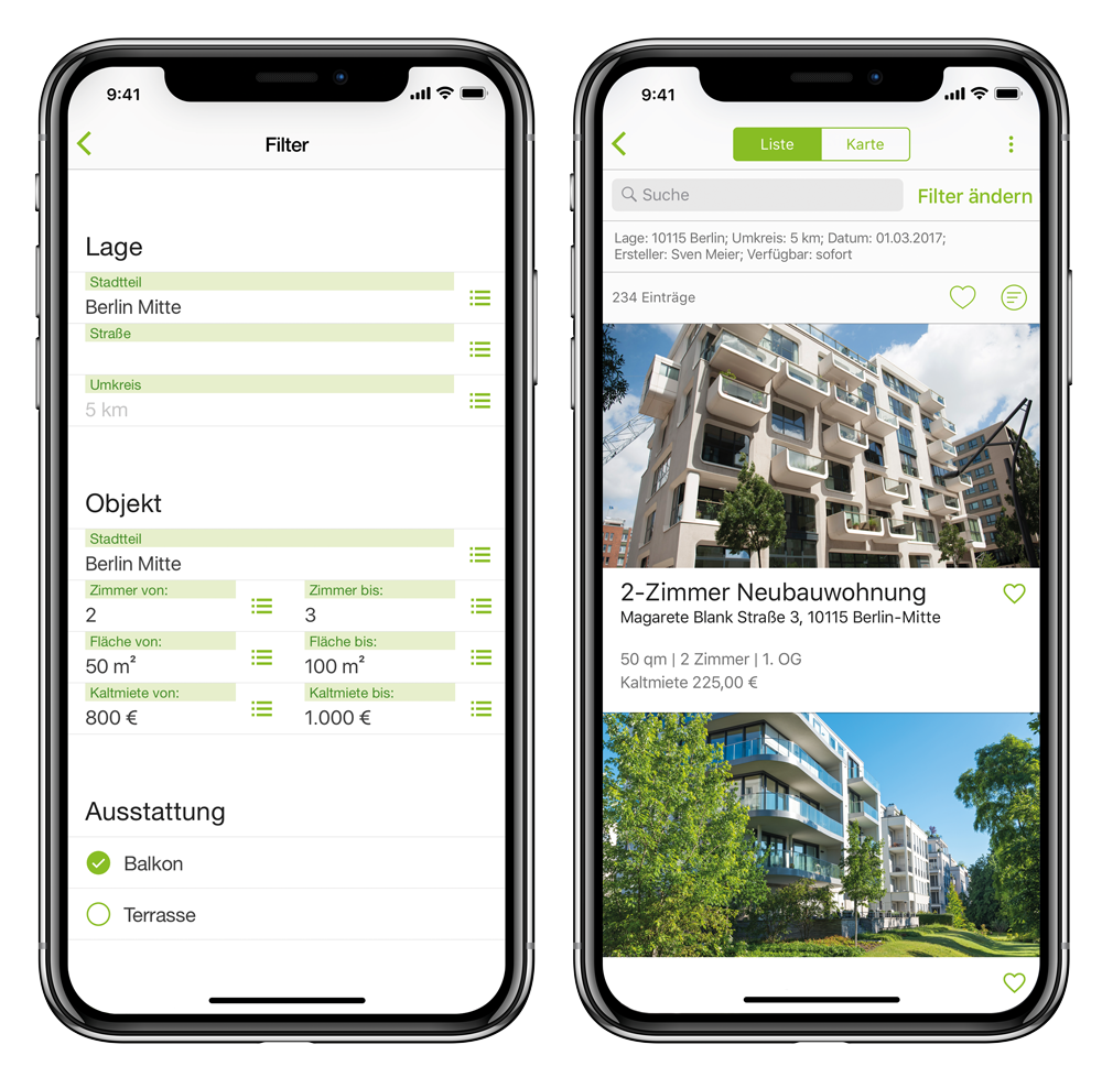 Figures 2+3: Easy and clear – the property search (left). Results list of a search (right). easysquare Interessenten App aus dem Hause PROMOS