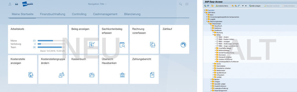 Figure 1: Comparing the user interface between SAP Fiori ® and SAP GUI clearly reveals the fundamental change in the SAP ® application. Vergleich der beiden SAP Bedienoberflächen SAP Fiori und SAP GUI