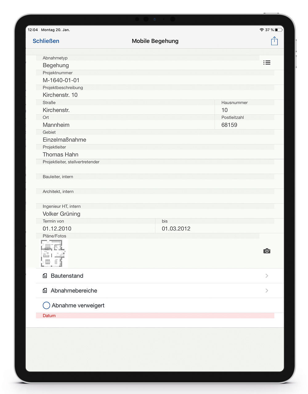 Figure 1: Data from the SAP ® system of GBG Mannheim has automatically been entered into the form for planned inspections of new construction and modernisation projects. easysquare Formular zur geplanten Begehung von Neubau- und Modernisierungsprojekten
