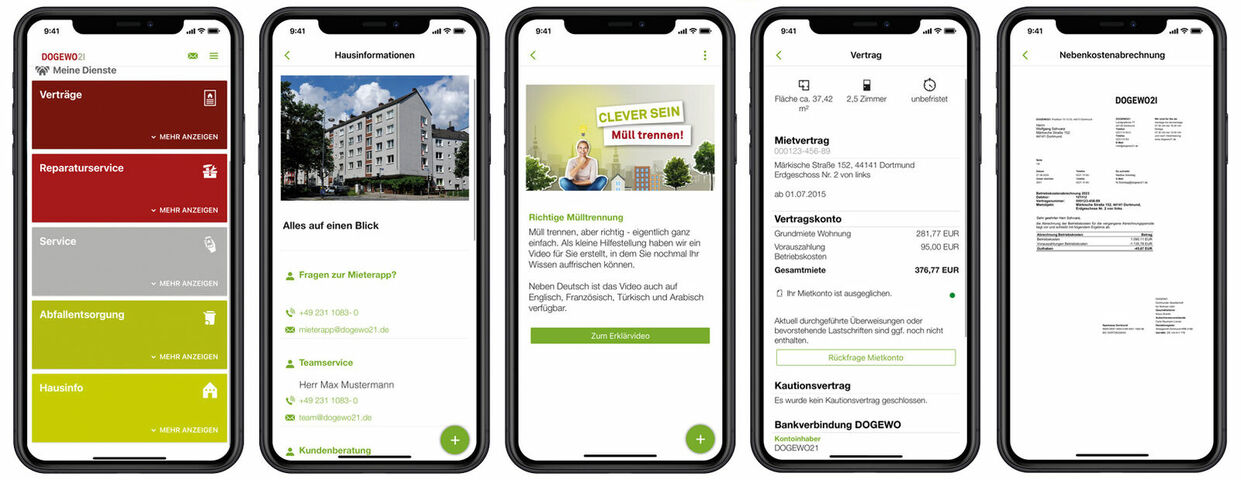 Figure 1: All important contracts, various services, house information and utility statements can be selected quickly and easily via the app menu. DOGEWO21 Mieter-App powered by PROMOS consult