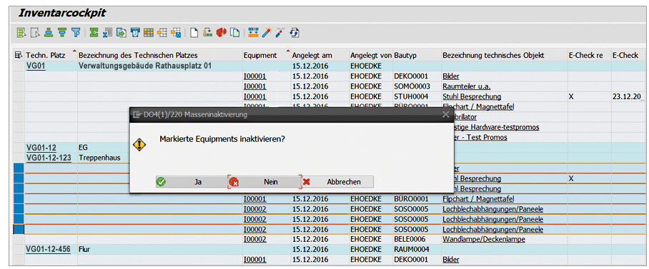 Abbildung 2: Markierte Equipments können massenhaft per Klick inaktiviert werden. PROMOS Inventarcockpit in SAP