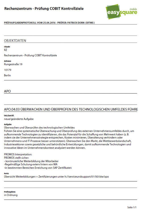 PDF-Dokument zum Nachweis durchgeführter Cobit-Prüfmaßnahmen mit der easysquare mobile App