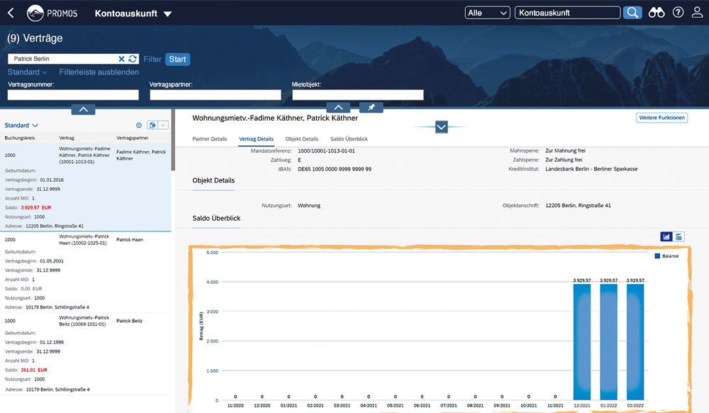Figure 2: The graphic visualisation of the contract balance reveals any irregularities at a glance and signals a need for action to the property manager. Grafische Visualisierung des Vertragssaldos eines Mieters in der PROMOS Kontoauskunft für SAP Fiori