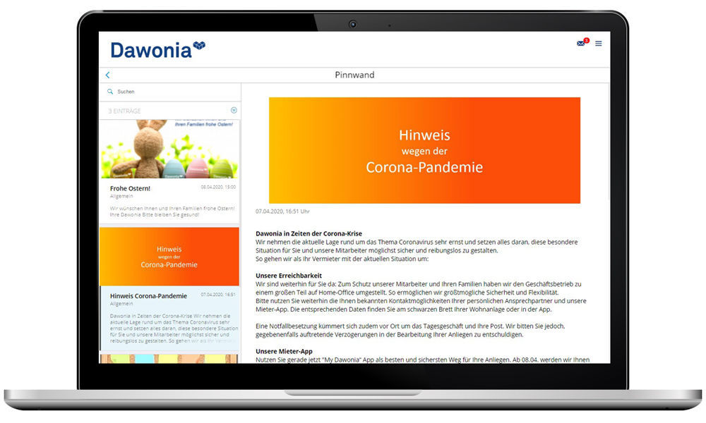 Current information regarding the coronavirus pandemic can be published on the easysquare tenant app bulletin board at short notice. Auf der Pinnwand der easysquare Mieter-App erscheinen aktuelle News der Wohnungsunternehmen.