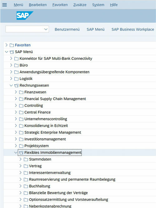 SAP Standard Menu für die Immobilienverwaltung