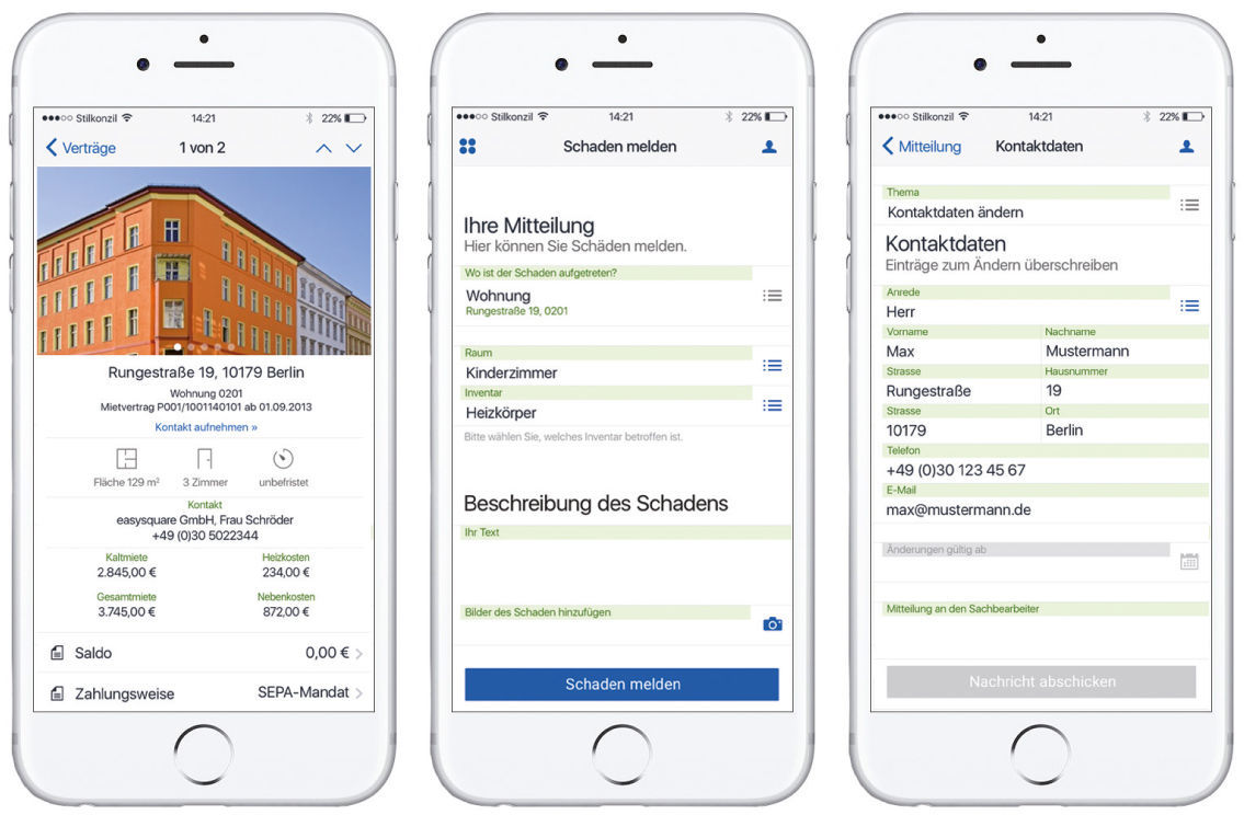 Figure 2: Master data and documents relating to the contractual relationship are available around the clock. Tenants report defects together with a photo directly in the app. Requests that would otherwise be made by phone are transmitted via the app. Stammdaten und Dokumente zum Vertragsverhältnis zentral gebündelt in der easysquare Kunden App