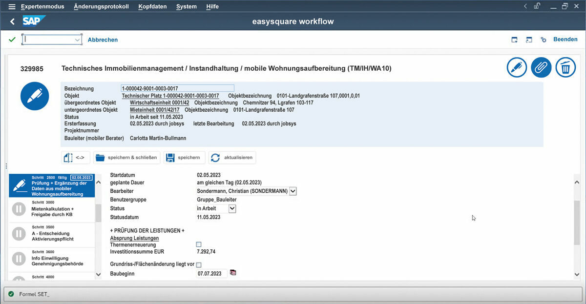 Figure 2: In the SAP ® -system, all the technical data can be seen in the blue process header. Processors can see all the process steps in the bar on the left. Once a process step is complete, it turns green and is marked with a tick. Easysquare workflow führt die DOGEWO Mitarbeitenden durch den Prozess der Wohnungsaufbereitung