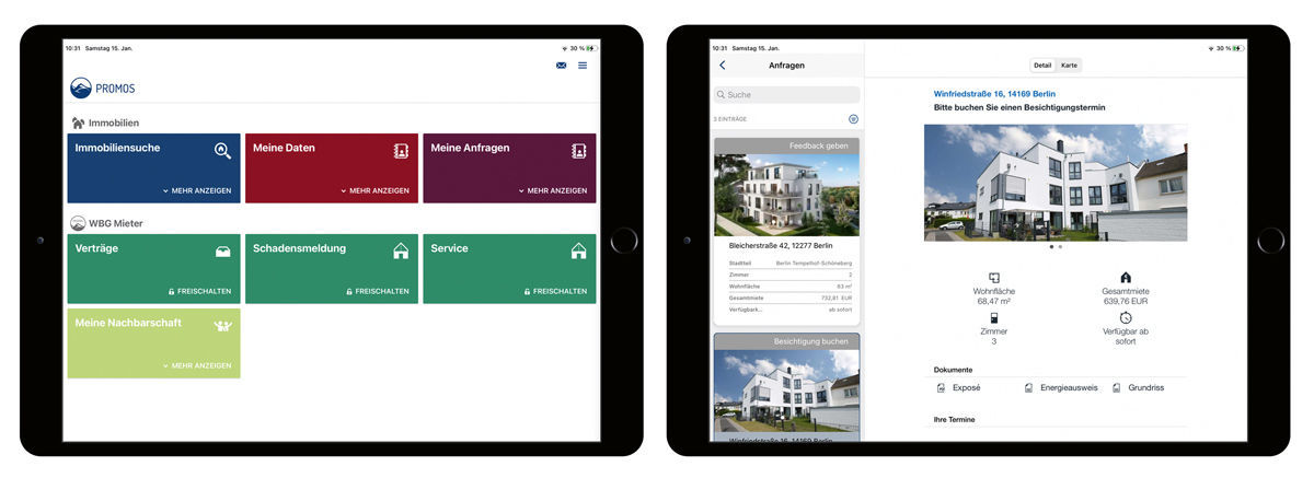Figure 1: Everything at a glance – the clearly structured service overview in the easysquare potential tenant app (left). All-round service at any time – all important information is bundled in the enquiry form, and appointments can be arranged directly (right). easysquare Interessenten-App mit Übersicht sämtlicher Dienste und Services sowie Anfrageformular zur Terminbuchung