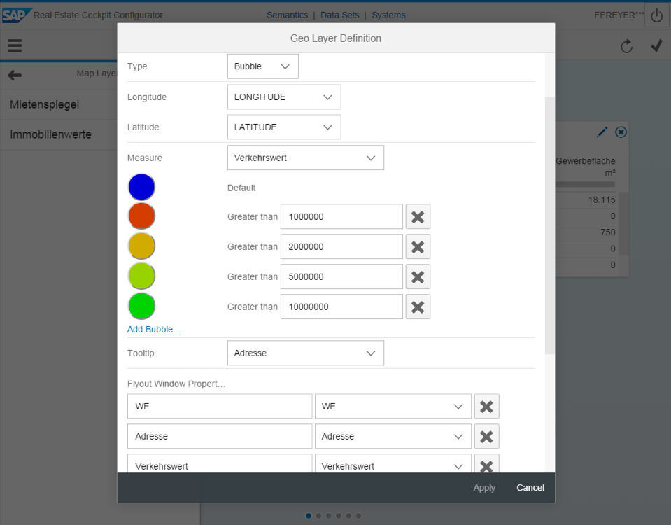 Im Real Estate Cockpit Configurator werden die Darstellung und Zusatzinformationen für die Objekte Karten-Layer definiert