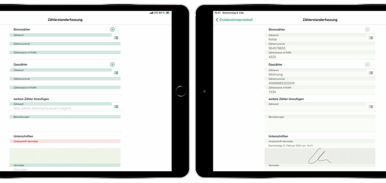 Alle wichtigen Daten, wie z. B. Zählerstände, können mit dem Mieterwechsel der easysquare Professional App erfasst werden und stehen anschließend automatisch in SAP(R) bereit.