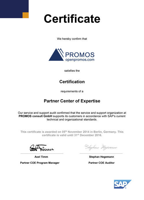 Figure 1: 2014 PCoE certificate. PCoE-Zertifikat der PROMOS consult von 2014