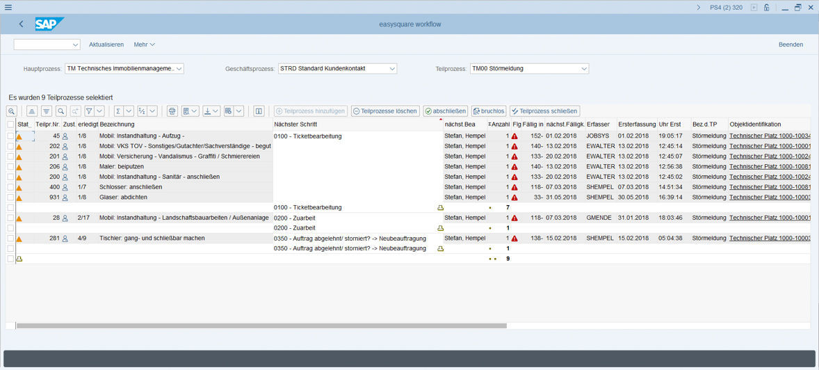 Figure 1: Using your list of outstanding processes, you can easily obtain an overview of the processing status of your fault reports in easysquare workflow. Overdue tasks land in the personal work basket of the employee responsible and it is no longer possible for a single process to be forgotten. Übersicht von Störmeldungsprozessen in easysquare worklfow
