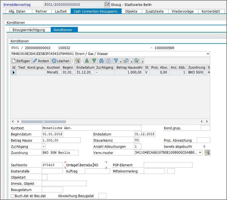 The direct debit authorisation and its conditions can be maintained on the Cash Connection tab.  PROMOS Cash Connection zur Pflege der Einzugsermächtigung sowie deren Konditionen