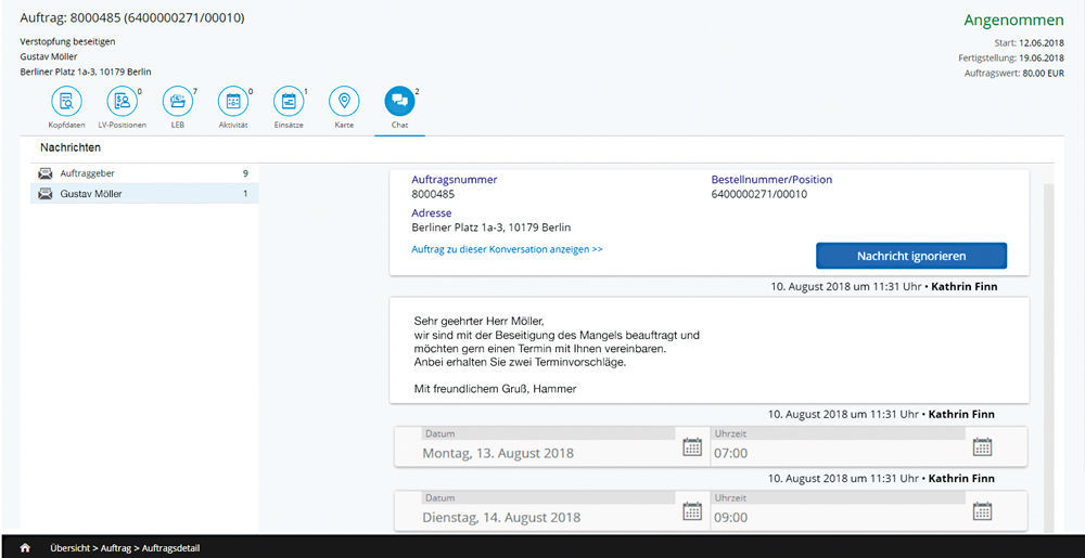 Figure 3: Chat with the tenant on the craftsmen portal. Chat mit dem Mieter zum Auftrag im easysquare Handwerkerportal