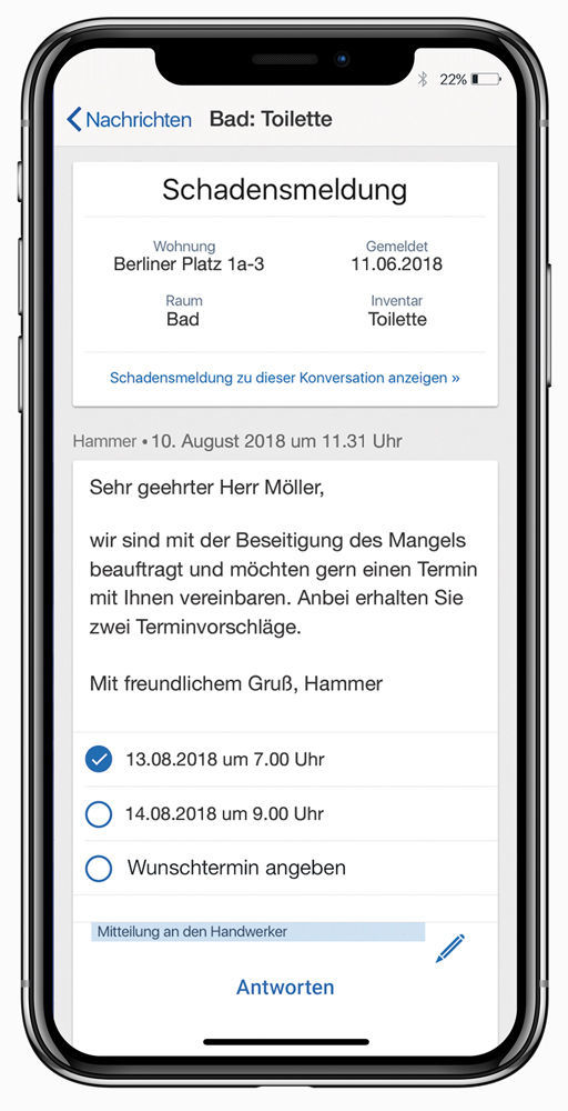 Figure 4: Chat with the tenant in the tenant app. Chat mit dem Mieter in der easysquare Mieter-App