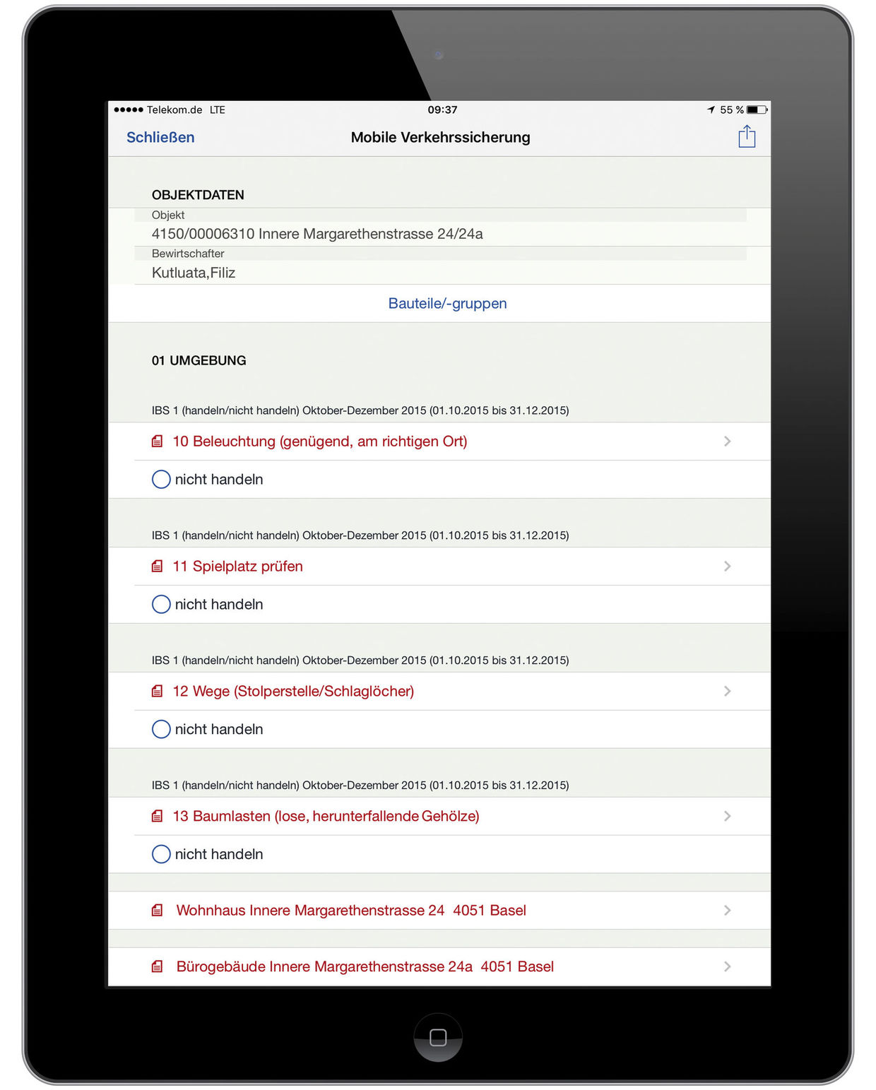 Das Erfassungsformular für Prüfergebnisse der Verkehrssicherung in den Formularen der easysquare mobile App auf dem iPad