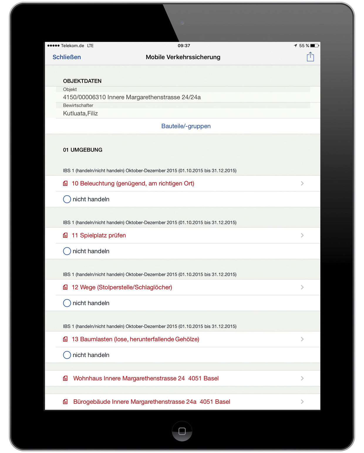 Figure 2: Recording the inspection results on the mobile terminal device is intuitive and similar to like a check list. Das Erfassungsformular für Prüfergebnisse der Verkehrssicherung in den Formularen der easysquare mobile App auf dem iPad