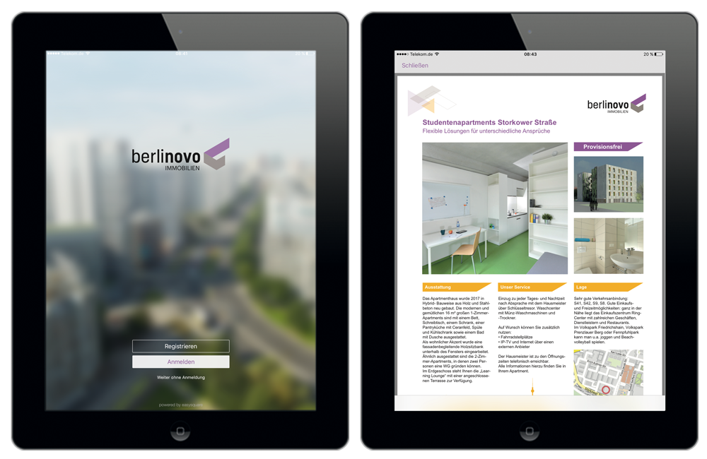 Figures 2+3: Apartment hunting made easy. All the information at a glance. berlinovo App auf dem iPad powered by easysquare