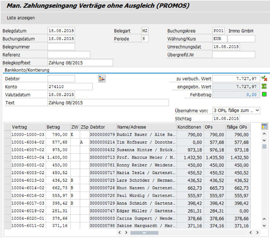 Erfassungsmaske Massenerfassung von Zahlungseingängen