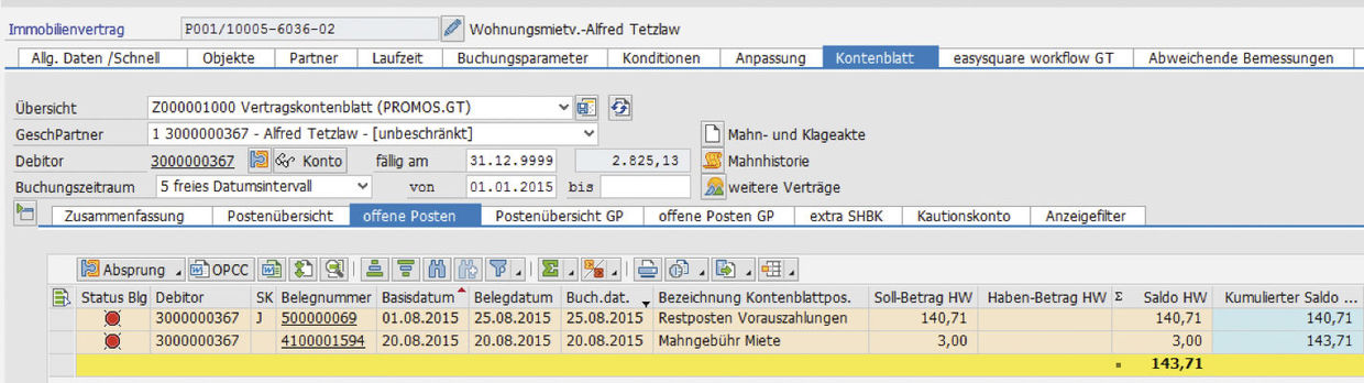 Übersicht über offene Posten nach Einsatz des Reports mit dem easysquare Ratenzahlungsprozess in SAP