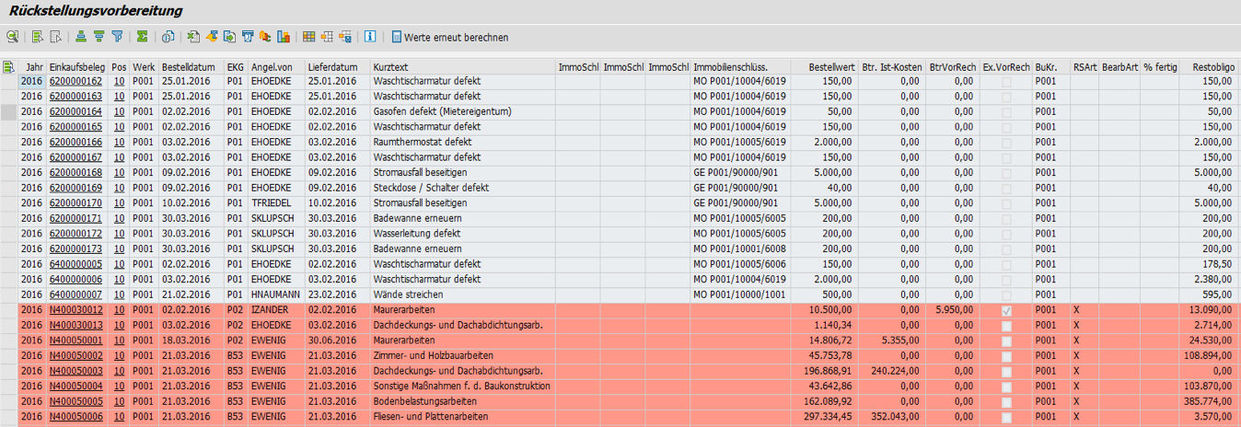 Bearbeitungsliste zur Rückstellungsvorbereitung von Instandhaltungsrückstellungen