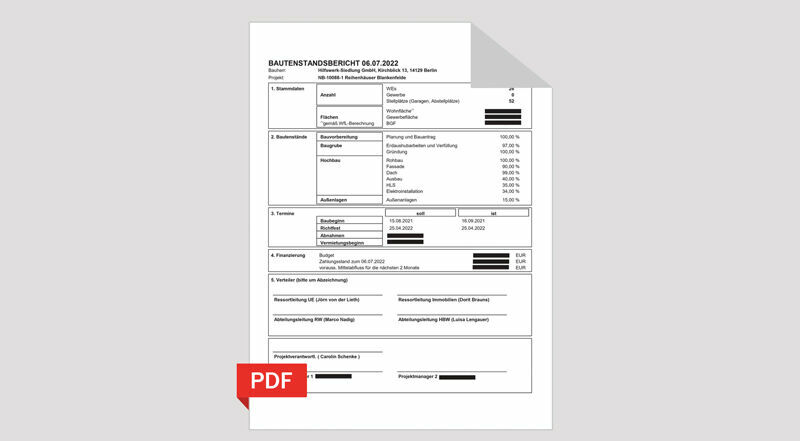 Figure 1: The finished construction status report PDF is generated automatically and can be saved and/or printed immediately. digitaler Bautenstandsbericht als PDF bei der Hilfswerk-Siedlung Berlin