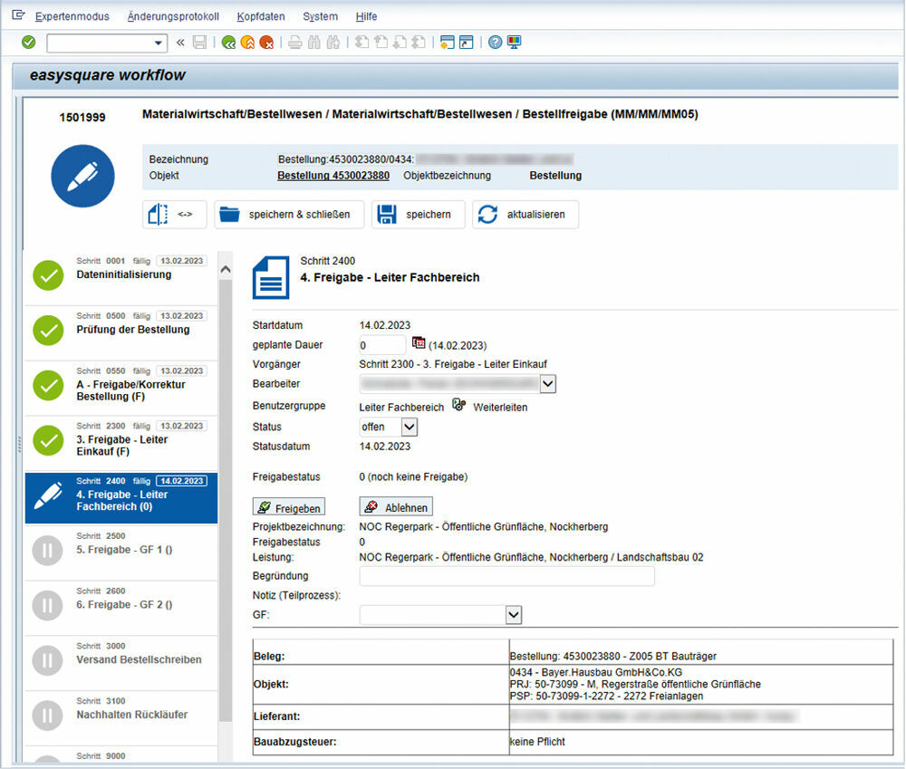 Figure 1: easysquare workflow guides the company’s employees clearly and intuitively through the individual steps of the procurement process. Easysquare workflow leitet die Mitarbeitenden des Unternehmens intuitiv und übersichtlich durch die einzelnen Schritte im Beschaffungsprozess.