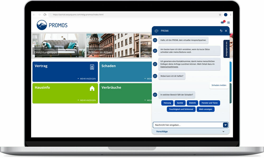 The virtual assistant PROMi supports users in answering standard questions. Der virtuelle Sprachassistent PROMi unterstützt Anwenderinnen und Anwender durch die Beantwortung einfacher Standardfragen.