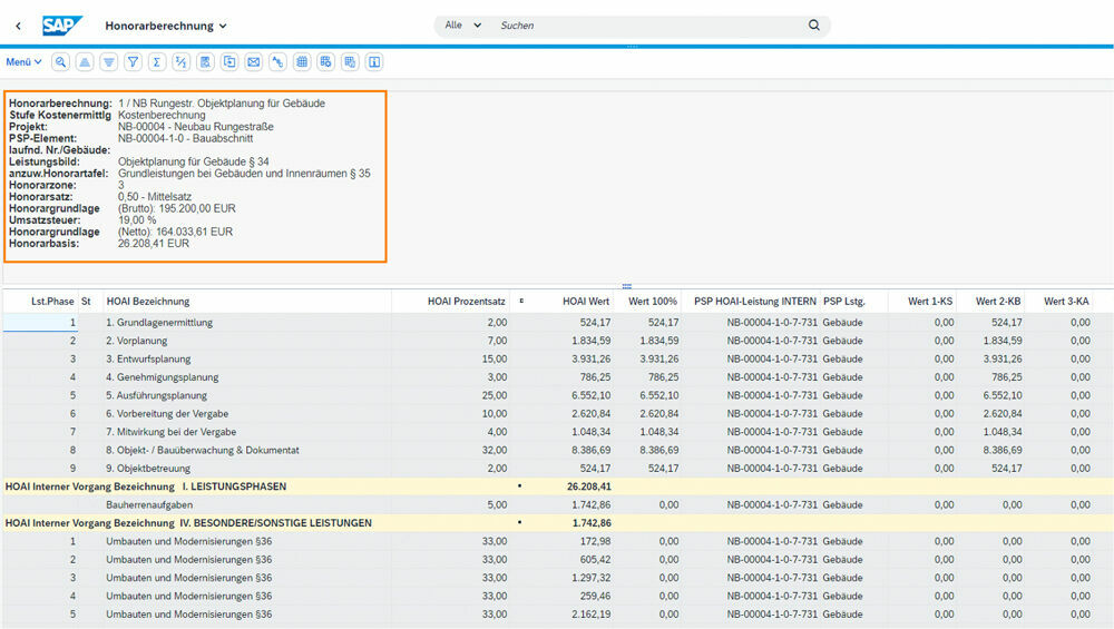 ALV-Ansicht im PROMOS HOAI-Rechner für SAP Fiori