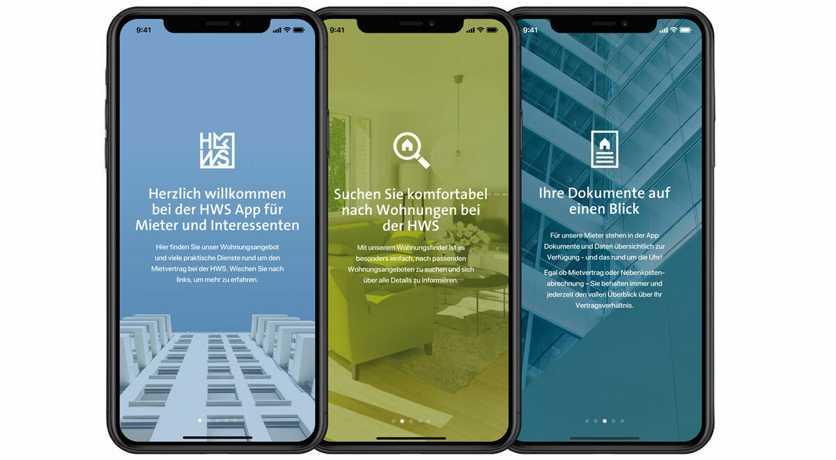 Figure 1: Tenants (including potential tenants) can use the tenant app to access various services and documents and search for HWS residential properties. HWS Mieter-App