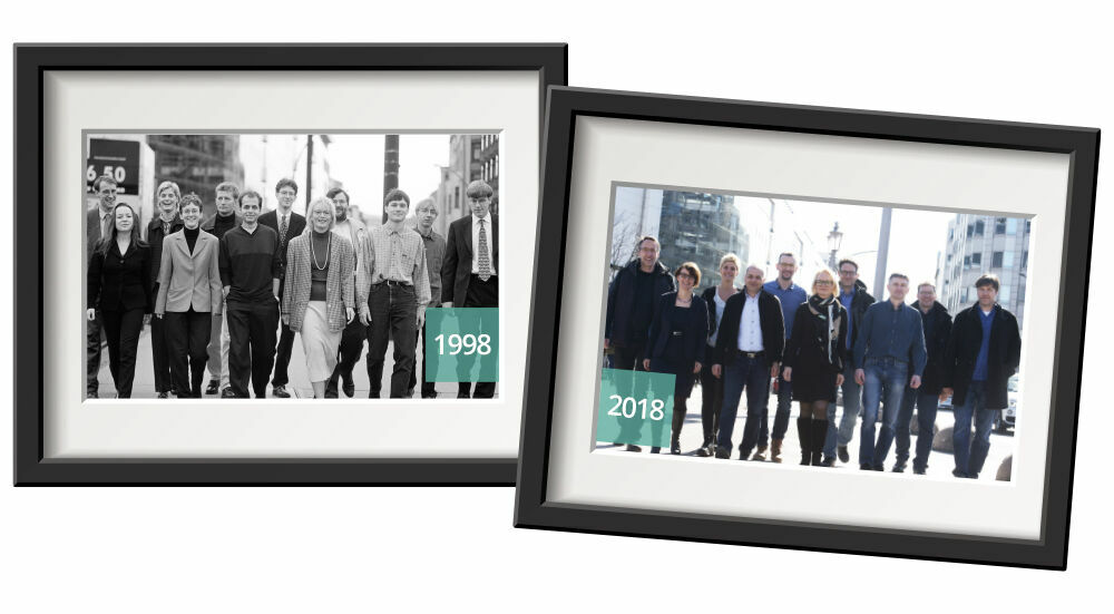 Figure 1: On the left, the founding team in 1998 on the Jannowitz Bridge, on the right, the team in 2018. Gründungsteam der PROMOS consult