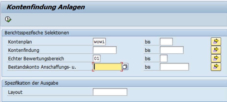 Selektionsmaske zum Auslesen der Kontenfindung Selektionsmaske zum Auslesen der Kontenfindung