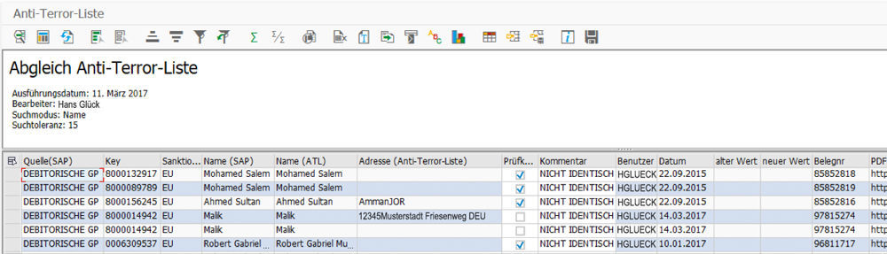 Fig. 2: Results list of found business partners Ergebnisliste gefundener Geschäftspartner in der PROMOS Sanktionslistenprüfung