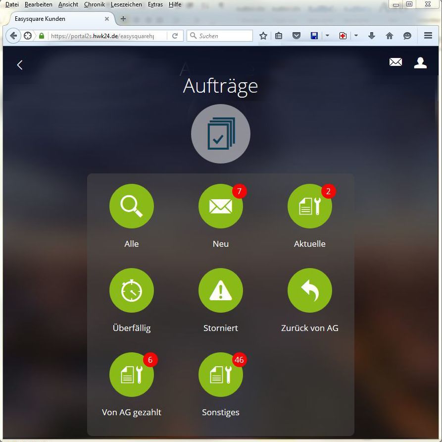 Clear icons simplify navigation in the easysquare craftsmen portal.  easysquare Handwerkerportal mit eindeutigen Icons zur schnellen Navigation