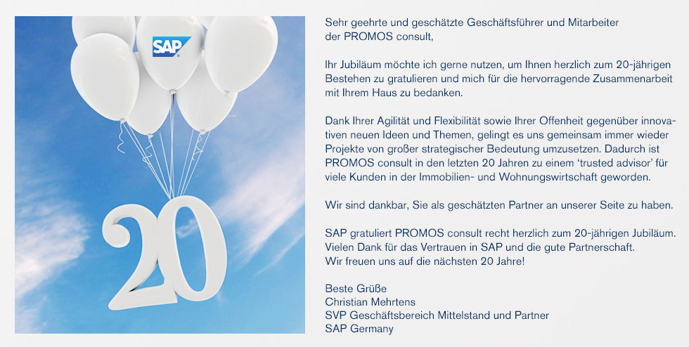 Glückwünsche der SAP zum 20-jährigen Jubiläum der PROMOS consult