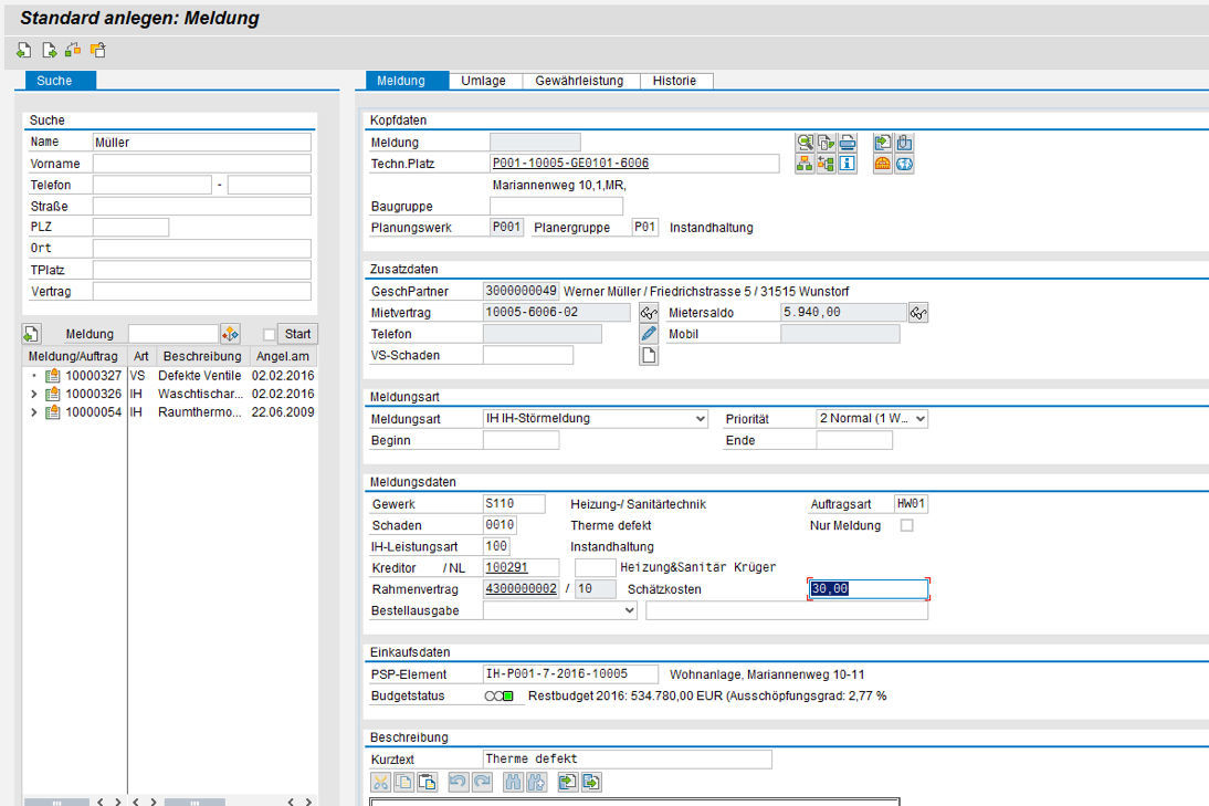 Schnellerfassungsmaske der OpenPromos® Service Notification (OPSN)