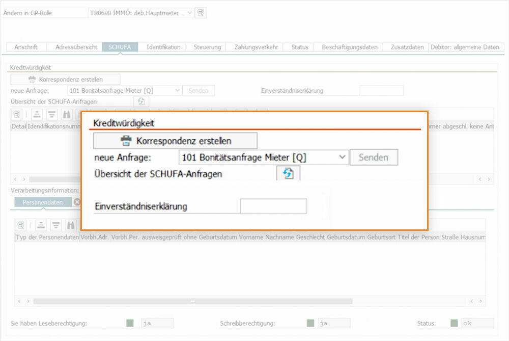 Figure 2: Of course credit information requests are processed in accordance with EU GDPR requirements, as information is only provided with a prior declaration of consent. The seamless reintegration of the status eliminates the need to manually send enquiries to SCHUFA. Schufa-Schnittstelle für SAP S/4HANA