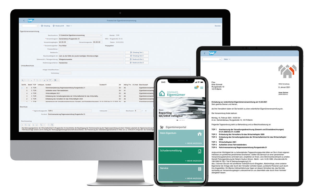 Several solutions facilitate the management of COAs. For example, the decision-making and organisation of COAs’ meetings will be supported in SAP ® . The easysquare owner app promotes the communication of owners and housing companies. Mit den Lösungen von PROMOS für Smartphone, Tablet und SAP wird das Management von Wohneigentümergemeinschaften deutlich erleichtert.