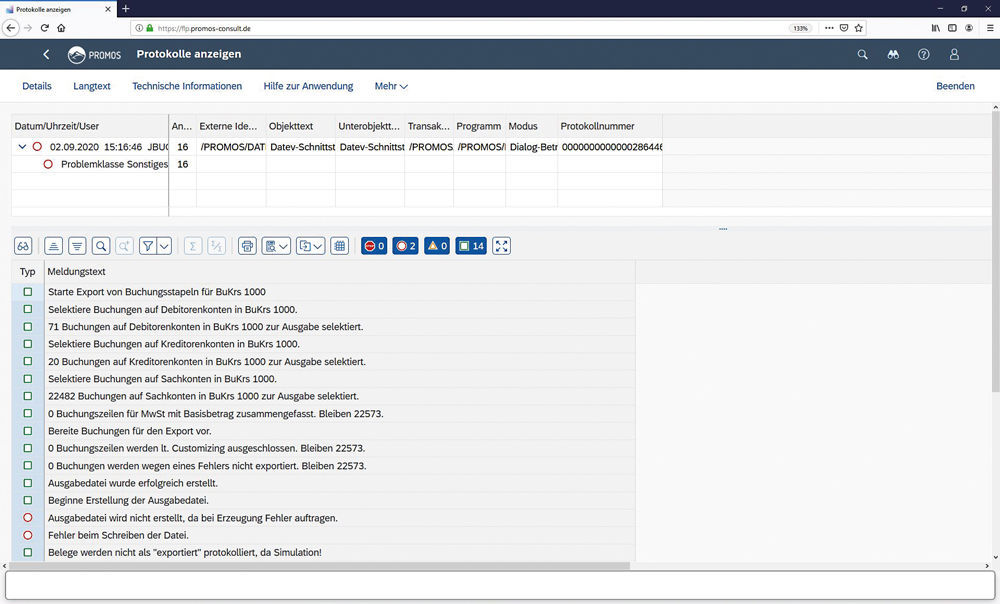 Figure 3: A results log shows all completed work steps with the help of traffic light colours. Ergebnisprotokoll für den Datenexport aus der PROMOS DATEV-Schnittstelle