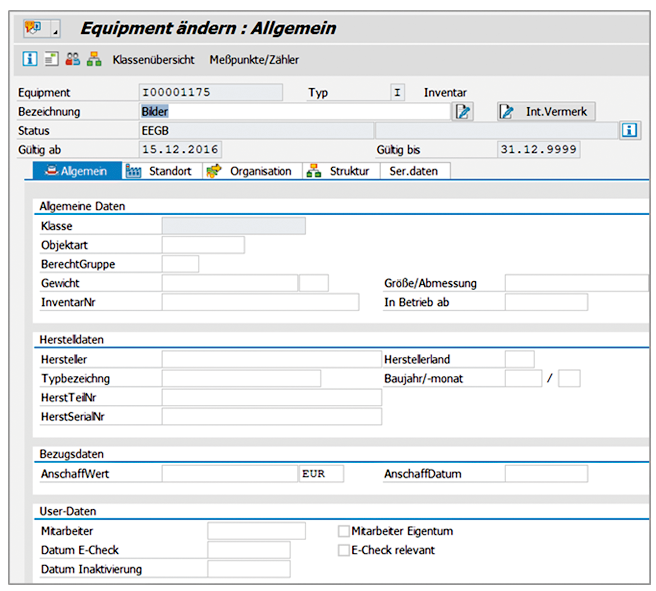 Abbildung 1: Beim Anlegen eines Equipments können verschiedenste Informationen gepflegt werden. PROMOS Inventarcockpit - Equipment in SAP ändern