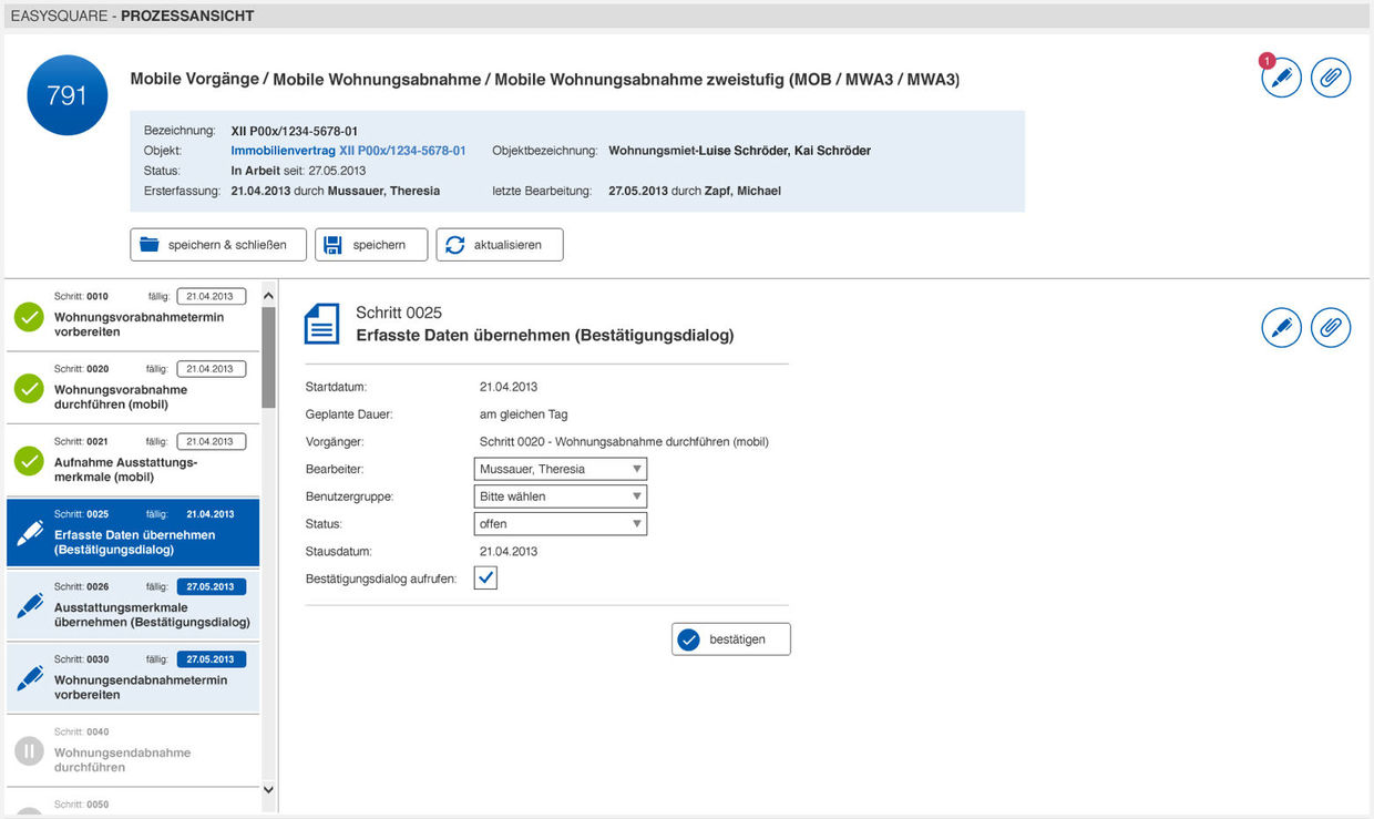 Die Prozessbearbeitung in easysquare workflow: Der Prozess wird Schritt für Schritt bearbeitet. Der Status lässt sich jederzeit nachverfolgen.