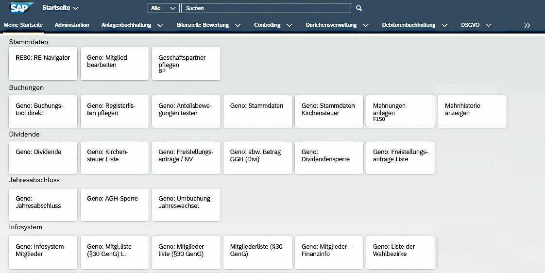 Figure 3: In the Fiori ® Launchpad, all important applications of the cooperative administration can be called up in a task-oriented manner. Übersicht der Funktionen der Genossenschaftslösung im Fiori Launchpad