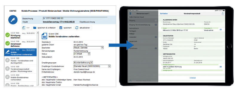 Figure 2: The mobile change of tenant process – the data regarding the residential property inspection and preliminary acceptance is initially prepared in SAP ® with the help of easysquare workflow and then automatically transferred to the easysquare app. Mieterwechselprozess mit easysquare mobile im Einsatz bei der HOWOGE