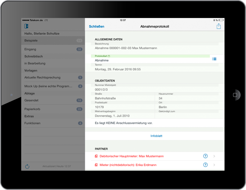 Das mobile Formular mit Objektdaten in der easysquare mobile App auf dem iPad für den Mieterwechsel