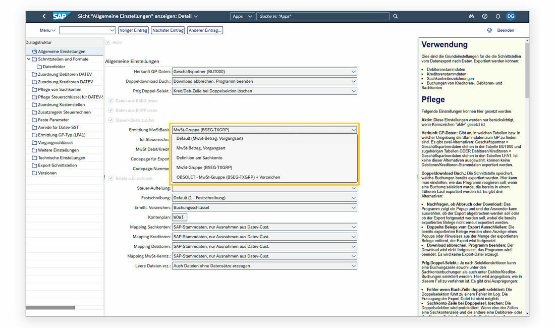 In Customising, customers can make individual settings to determine the VAT basis themselves. Im Customizing der PROMOS DATEV-Schnittstelle kann der Kunde selbst bestimmte Einstellungen zum Steuerrechnen vornehmen.