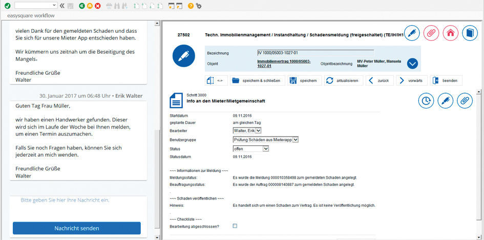 Figure 2: Structured processing of the report is carried out in easysquare workflow. Bearbeitung einer Meldung aus der Mieter-App in easysquare workflow